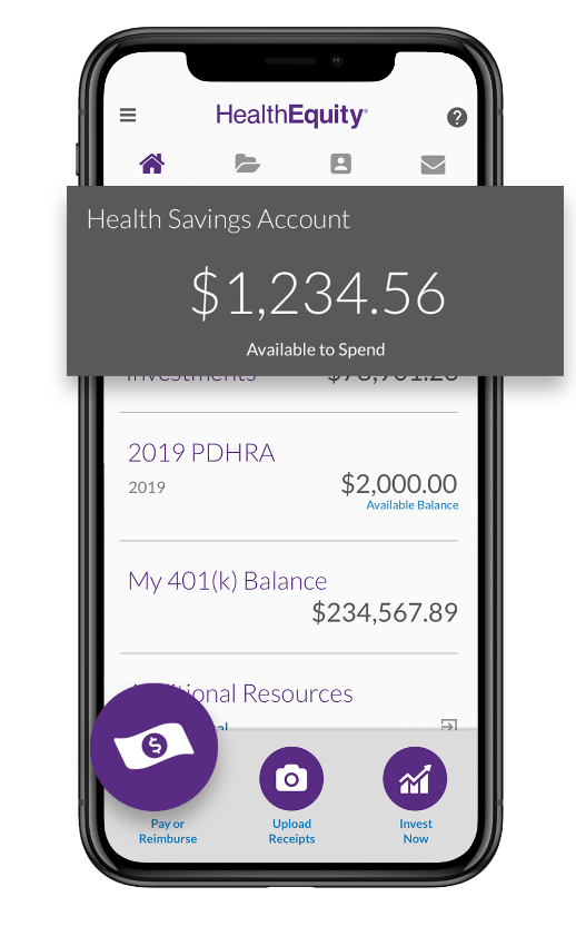 HealthEquity's mobile app on phone showing a user's HSA balance
