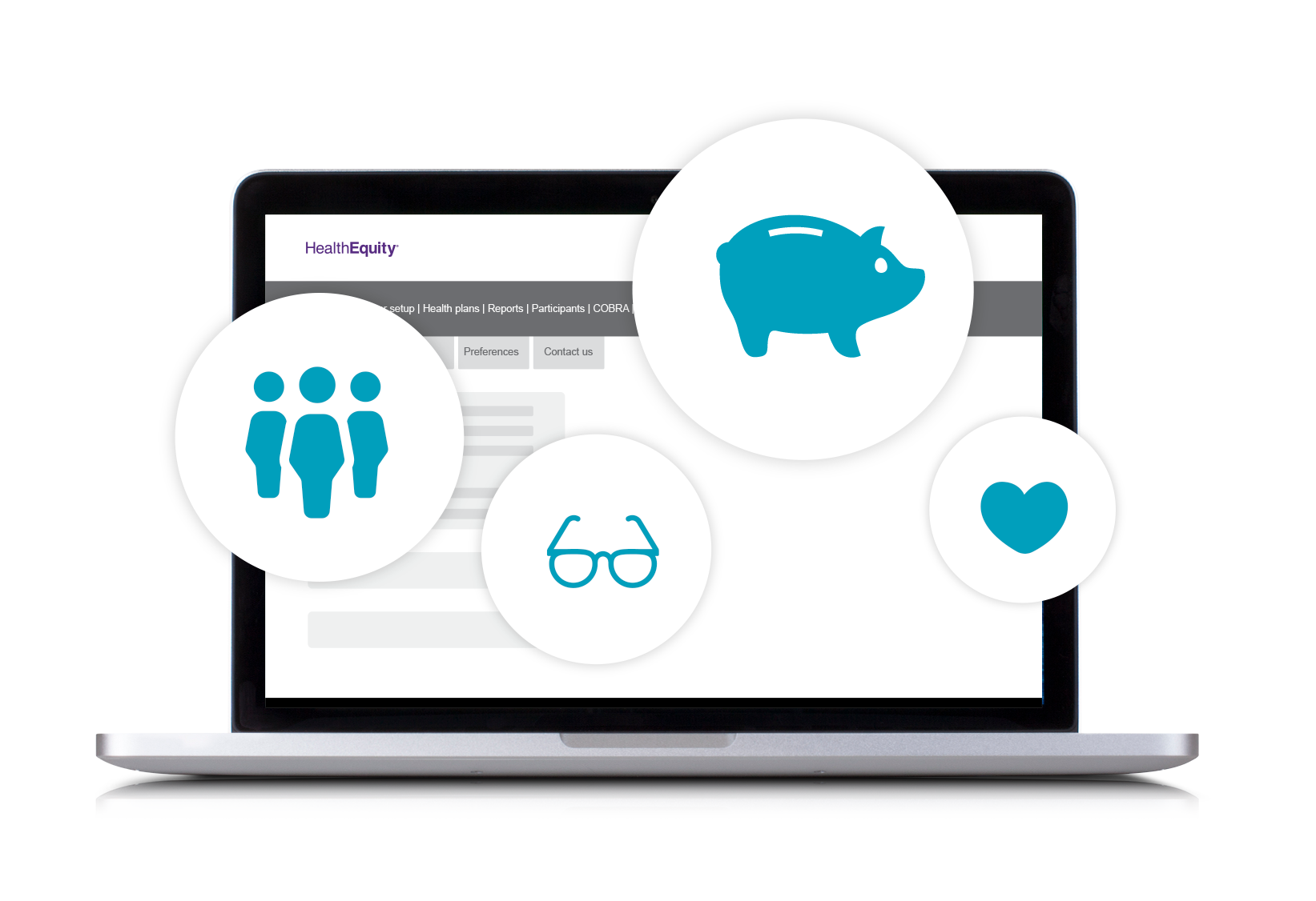 Laptop with icons demonstrating the benefits of HealthEquitys Premium Only Plan (POP)
