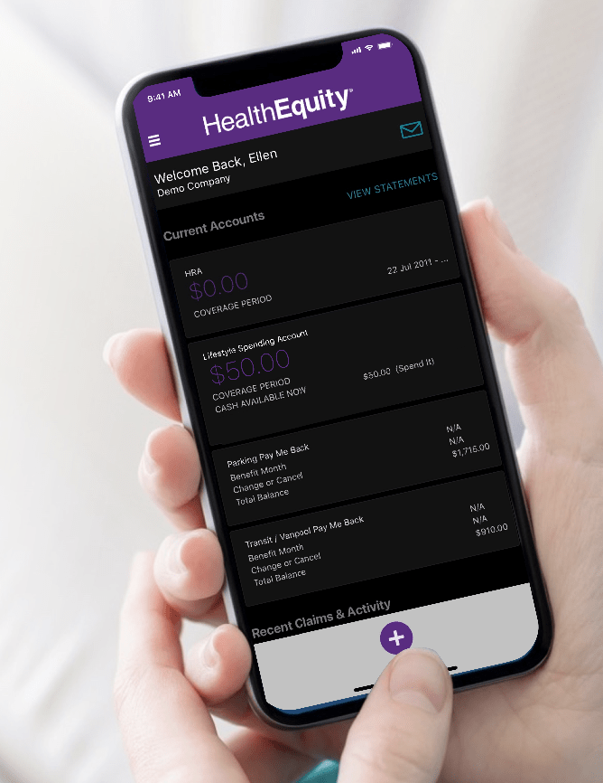 HealthEquity's mobile app showing a user's wellbeing coverage period, claim deadline, and account balance